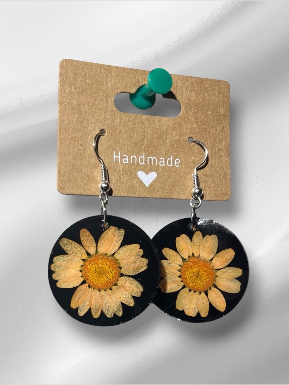 Handmade Daisy Resin Drop Earrings - Yellow on Black